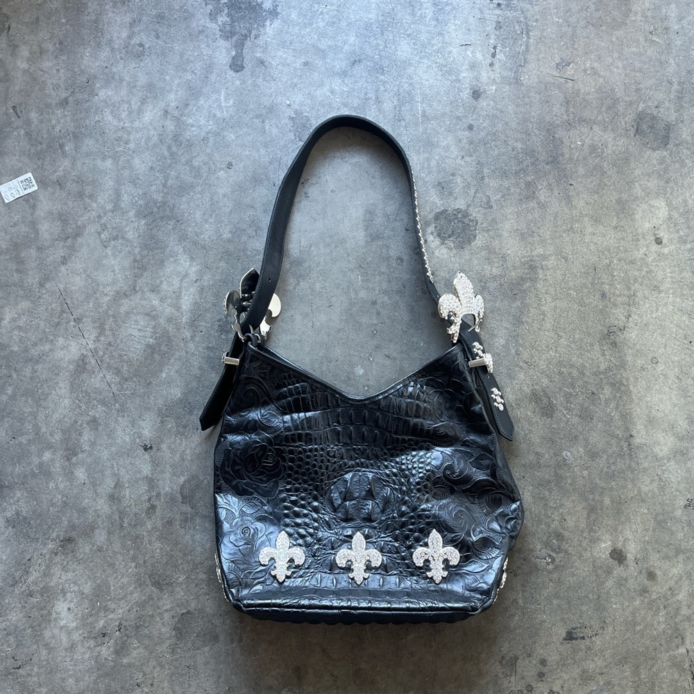 Raviani Black Embossed Shoulder Bag with Silver Accents
